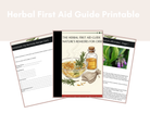 Herbal first aid guide printable with images of herbs and a bottle on a white background