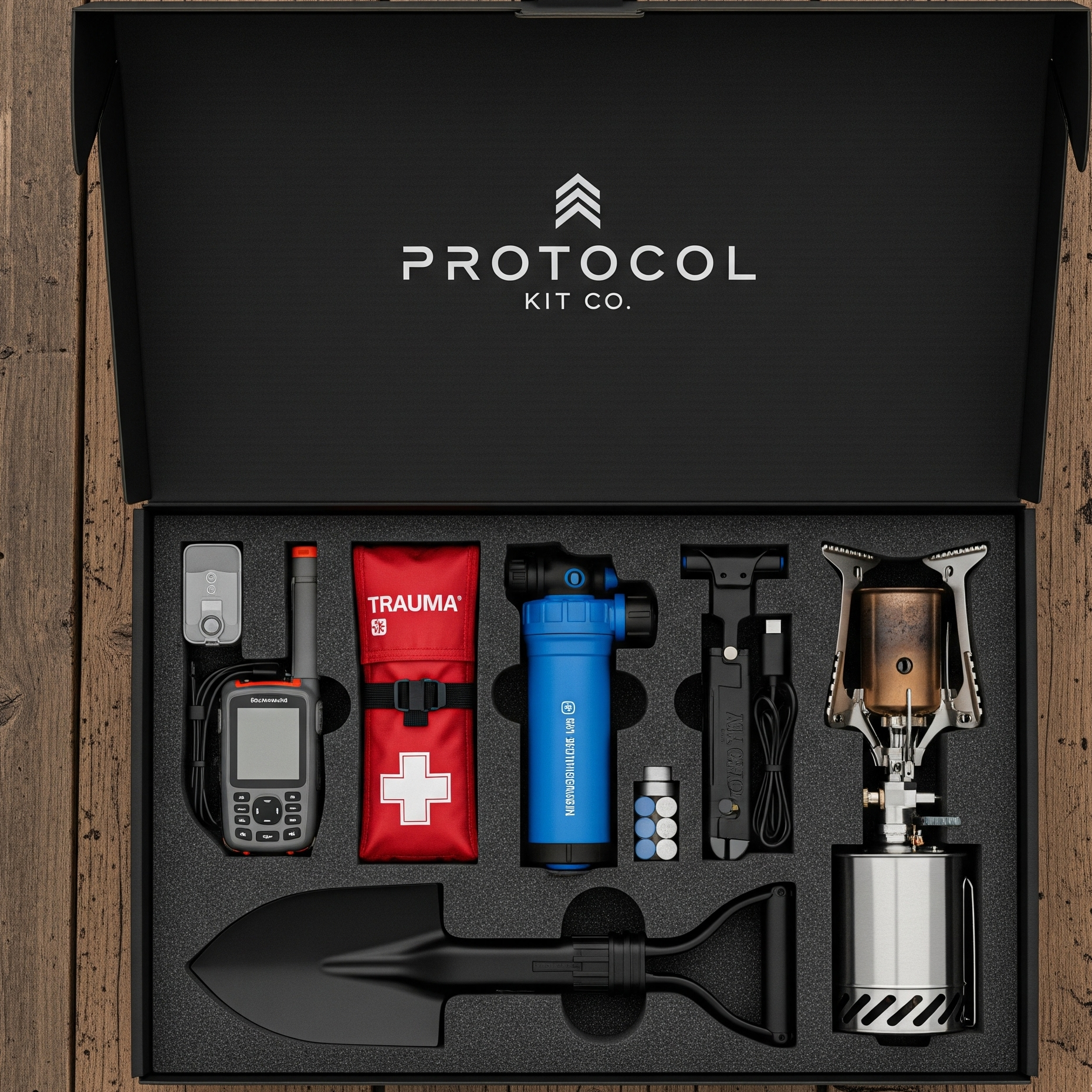 Protocol Kit Co. survival kit with various tools and equipment on a wooden surface