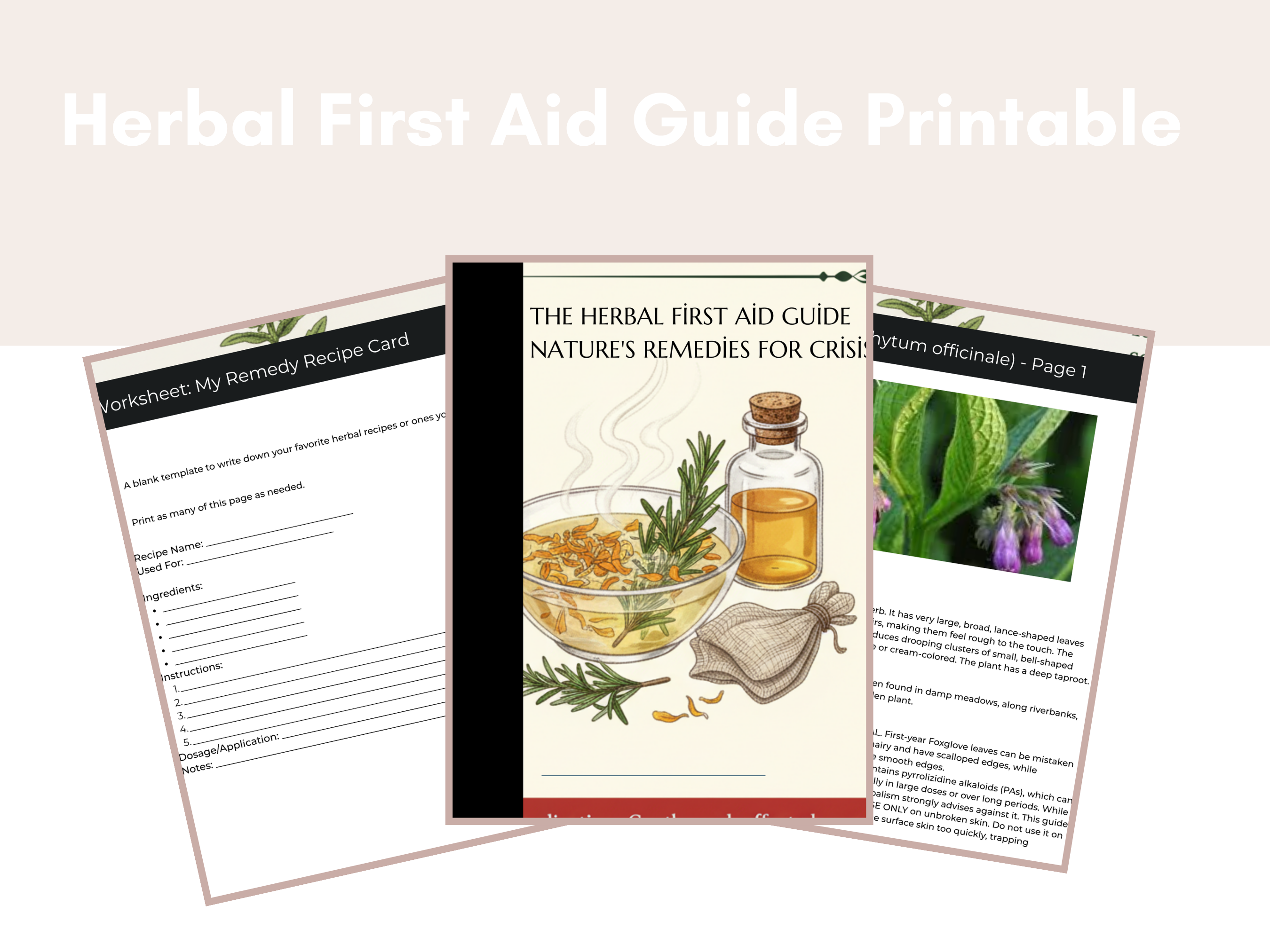 Herbal first aid guide printable with images of herbs and a bottle on a white background