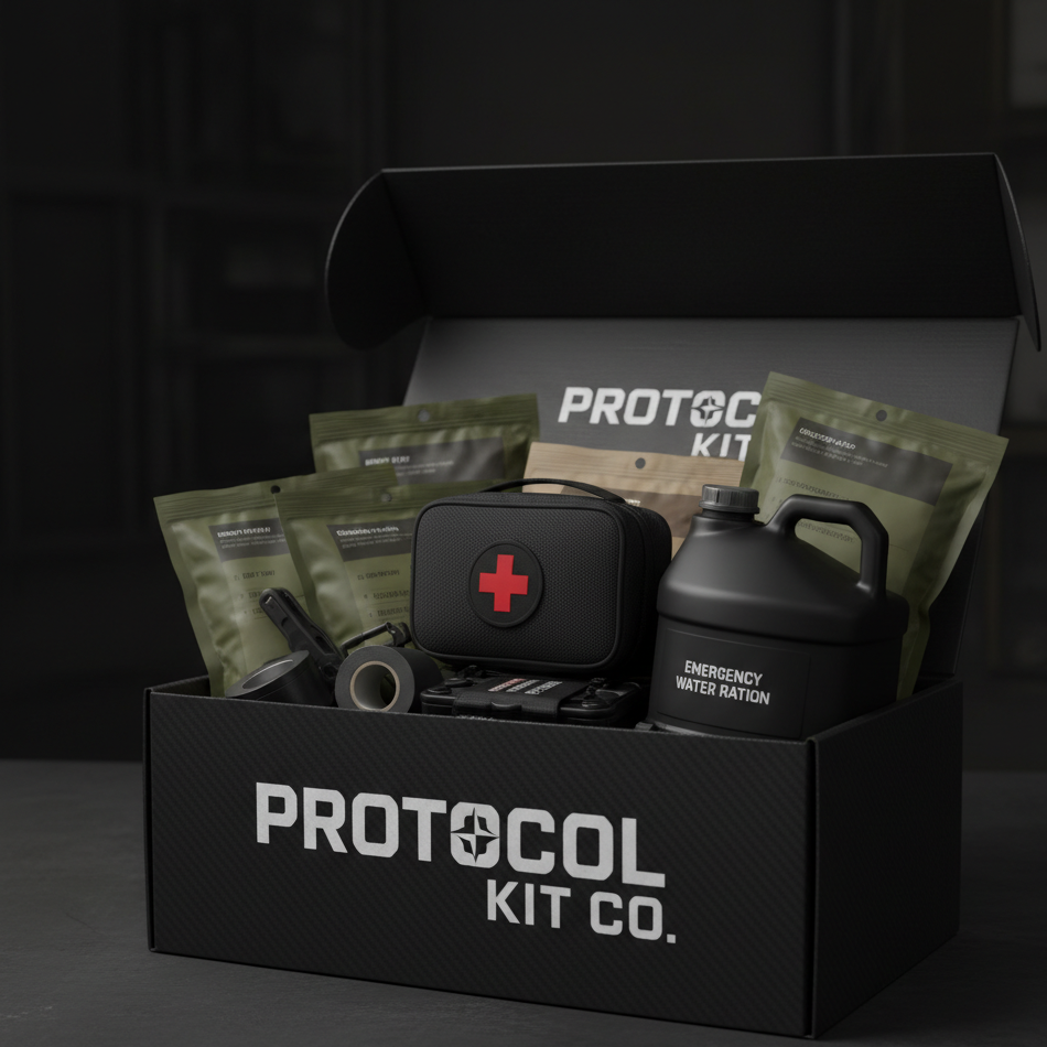Protocol Kit Co. emergency preparedness kit with supplies in a black box.