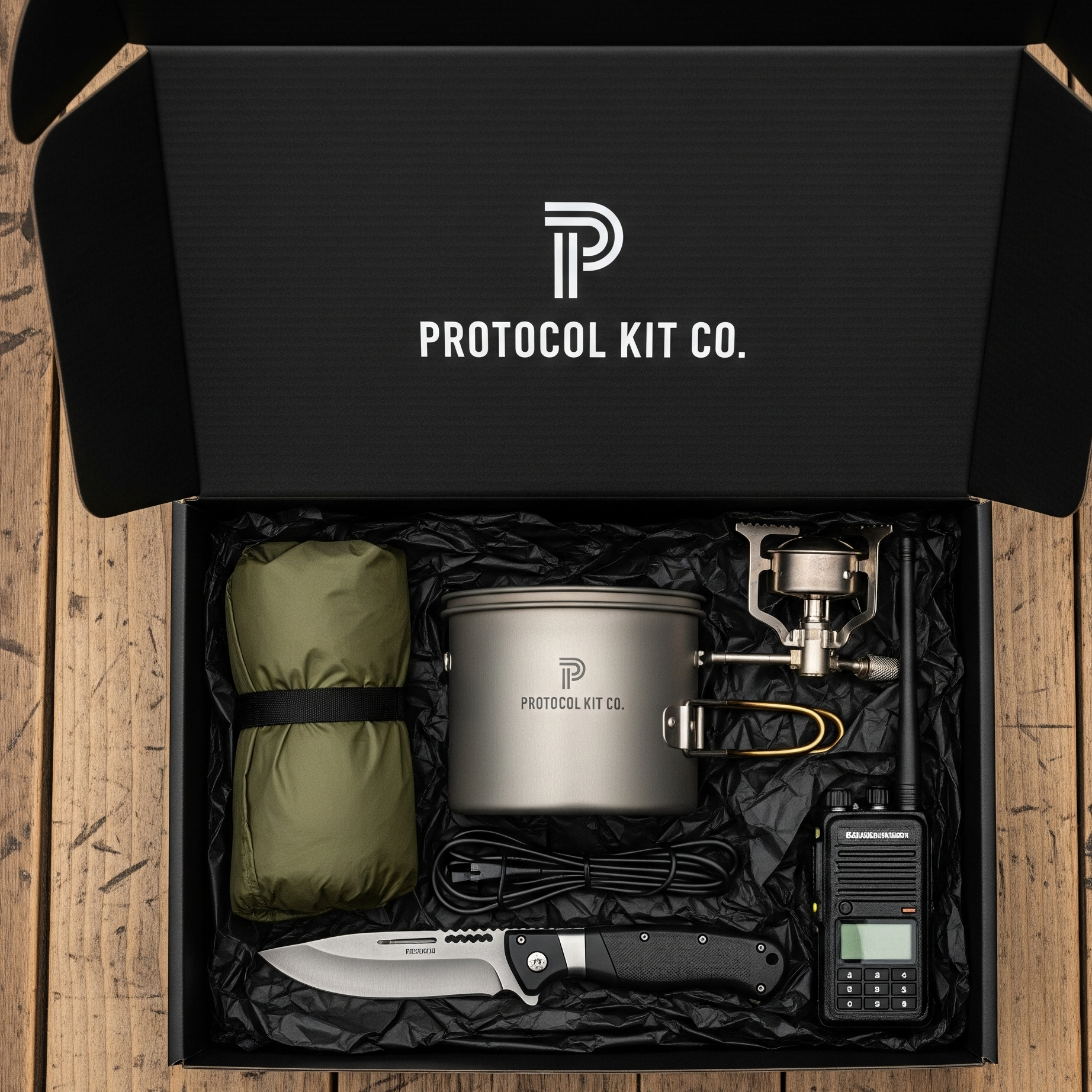 Protocol Kit Co. box with camping gear on a wooden surface
