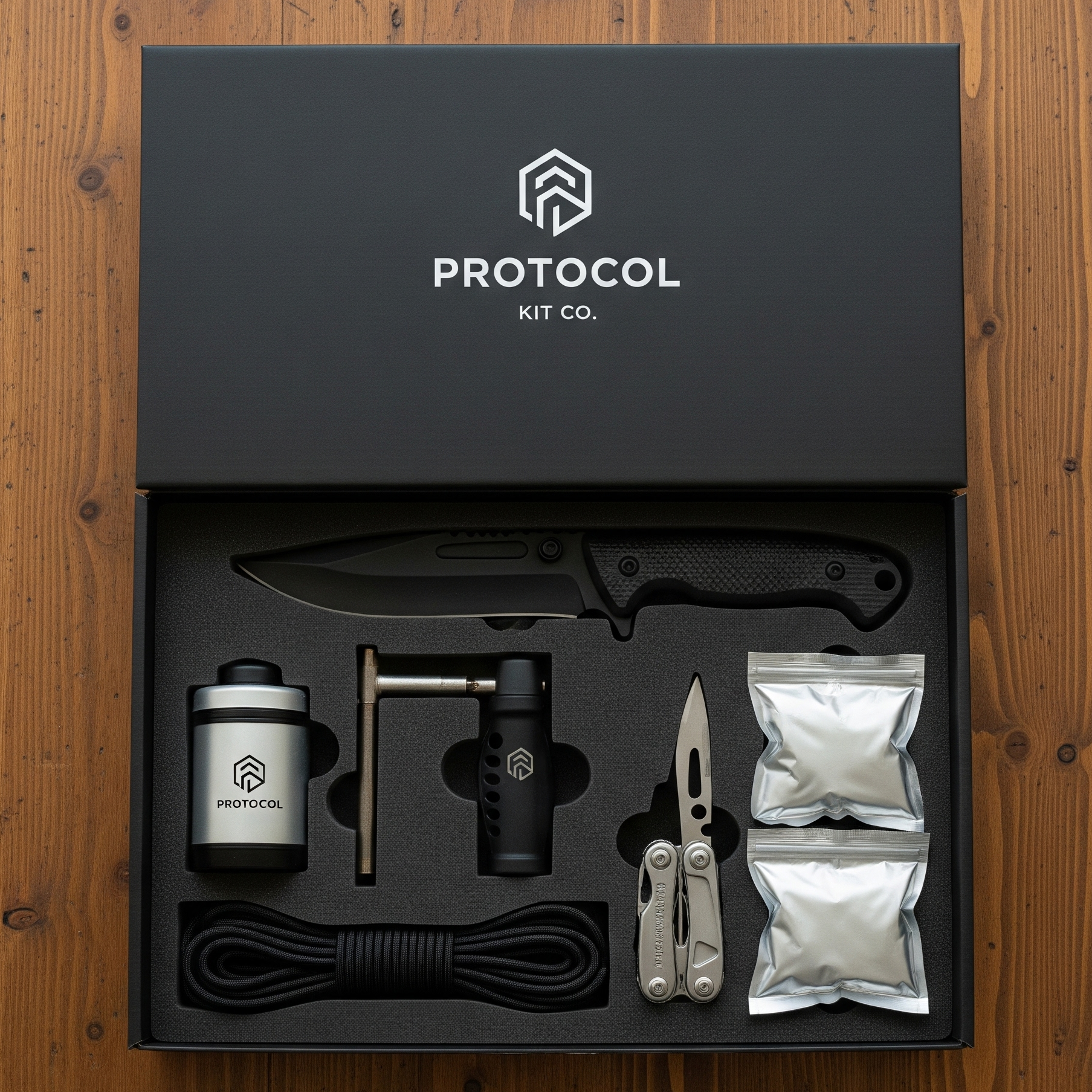 Protocol Kit Co. survival kit with knife, fire starter, and other tools on a wooden surface