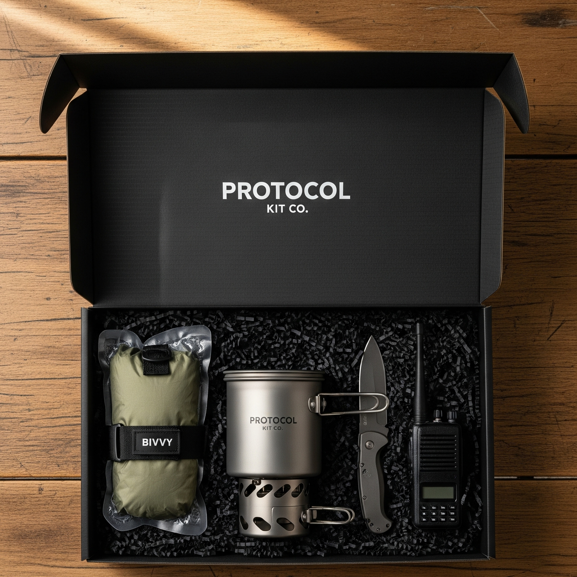 Protocol Kit Co. survival kit with items including a knife, thermos, and Bivy sack on a wooden surface.